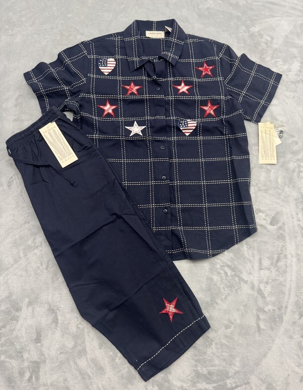 Lemon Grass Shirt & Capris Set Navy Blue American Flags Stars size M 4th of July